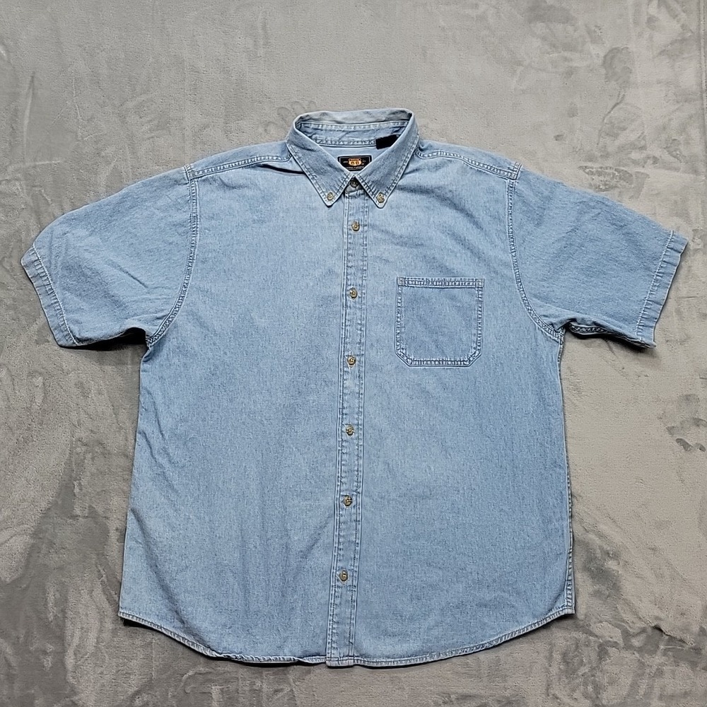 Route 66 Shirt Mens Large Light Blue Button Down Short Sleeve Denim Workwear